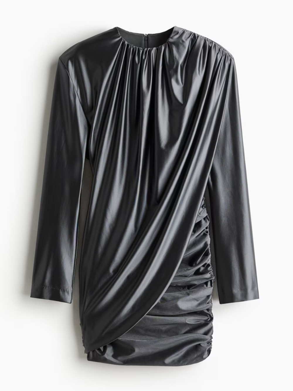 Grey Ruched Draped Long-Sleeve Dress